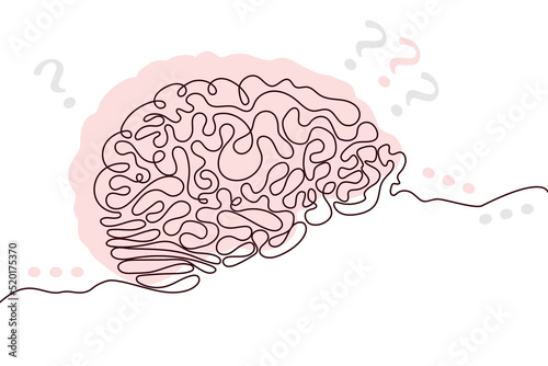 Brain Hand drawn icon continuous line drawing and pink flat silhouette. Human organs. Medicine trendy concept One single line design. Outline simple image black and white Vector