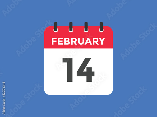 February 14 calendar reminder. 14th February daily calendar icon template. Vector illustration 