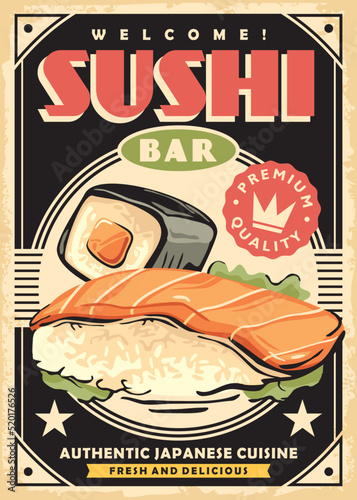 Sushi bar vector ad design with delicious Japanese meal. Retro food poster.