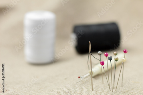 Tailor's pins close-up, needles for fixing patterns