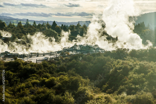 geothermal volcanic park with geysers and hot streams, scenic landscape, te piua national park, rotorua, new zealand