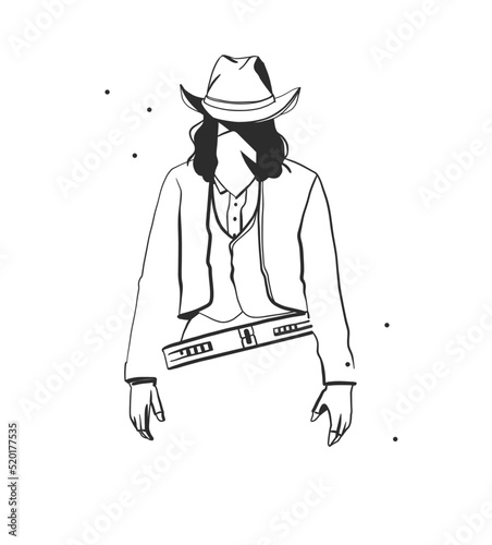 Hand drawn abstract vector graphic clipart illustration boho cowboy man composition portrait.Western design concept.Bohemian wild west contemporary art.American western logo.Cowboy modern design.