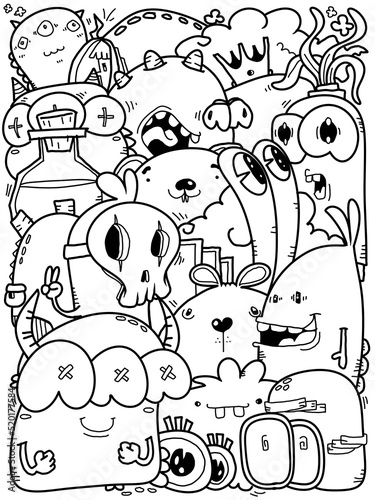 Hand-drawn illustrations, monsters doodle, Hand drawn cartoon monster illustration, Cartoon crowd doodle hand-drawn pattern, Doodle style.