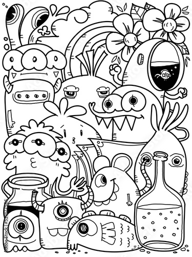 Hand-drawn illustrations, monsters doodle, Hand drawn cartoon monster illustration, Cartoon crowd doodle hand-drawn pattern, Doodle style.