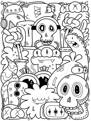 Hand-drawn illustrations, monsters doodle, Hand drawn cartoon monster illustration, Cartoon crowd doodle hand-drawn pattern, Doodle style.