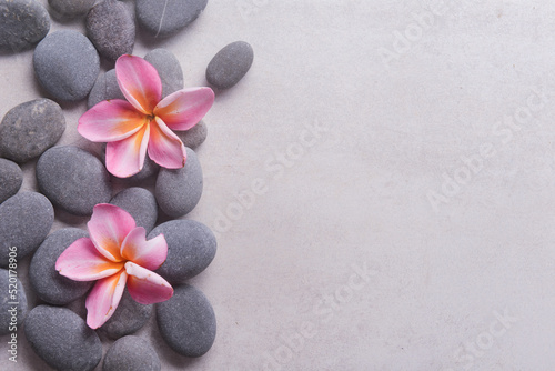 Fotografiet frangipani and zen like grey stones with copy space on gray background