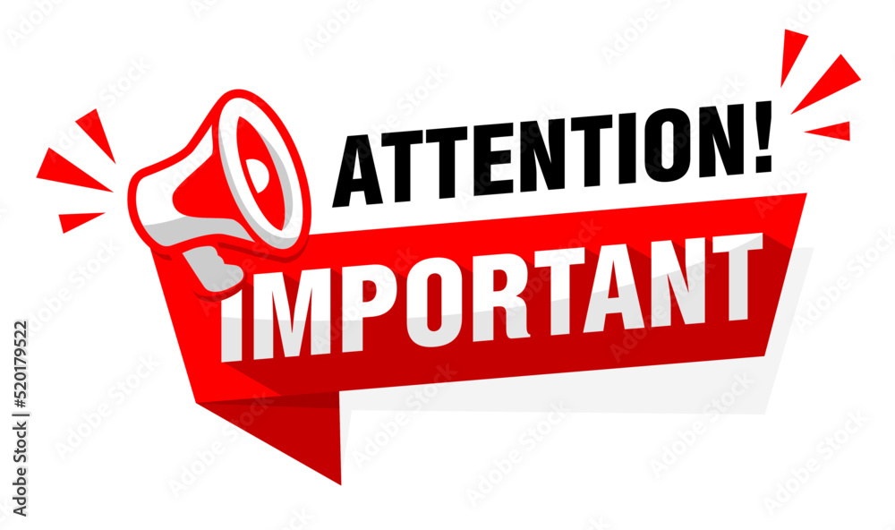 Attention, important message on red ribbon with  megaphone. Vector on transparent background - obrazy, fototapety, plakaty 