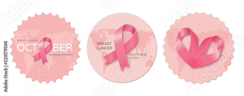 Set of stickers with pink ribbons. Symbol for World Breast Cancer Awareness Month in October. Vector illustration. EPS 10.