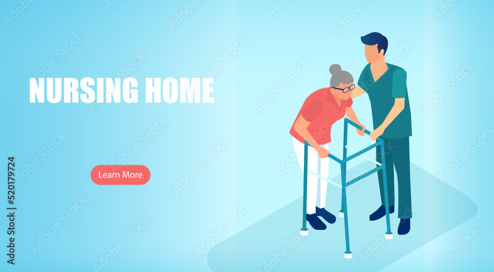 Isometric vector of a nursing home with a nurse assisting elderly woman Isometric vector of a nursing home with a nurse assisting elderly woman