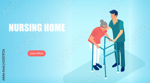 Isometric vector of a nursing home with a nurse assisting elderly woman