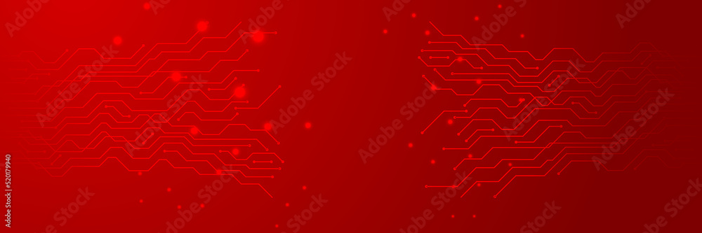 Red technology digital banner design. Science, medical and digital technology header. Geometric abstract background with tech design. Molecular structure and communication vector illustration.