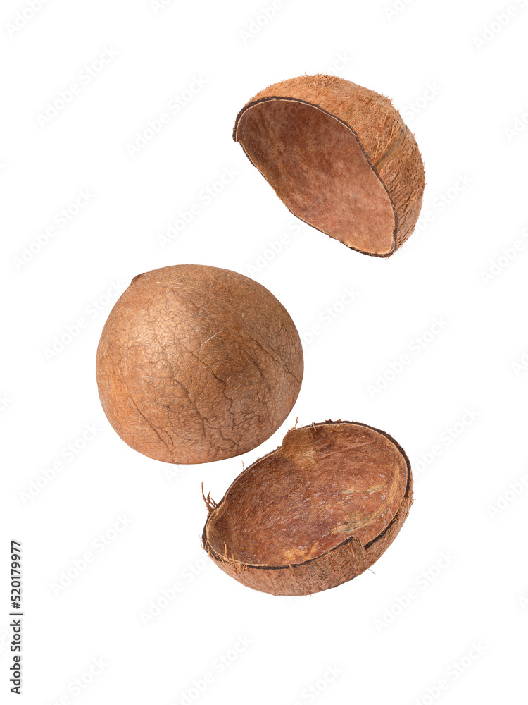 Broken brown coconut flying in the air isolated on white background. Broken brown coconut flying in the air isolated on white background.
