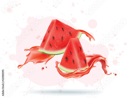 Watermelon fruit slices vector illustration with a liquid wave of watermelon juice