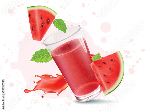 Vector Illustration of Watermelon Juice and watermelon fruit slices with mint leaves 