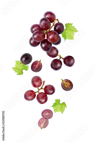 Valokuvatapetti Red grape with green leaf on white background.