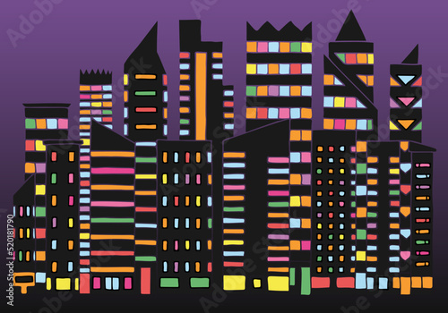 Downtown of the night city with skyscrapers and colorful lights in the windows. Hand Drawn. Freehand drawing.