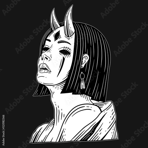 Dark Art Japanese Devil Geisha Girl Tattoo Hand Drawn Engraving Style