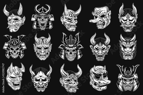 Set Mega Bundle Dark Art Japanese Oni Mask and Death Warrior Skull Tattoo Hand Drawn Engraving Style