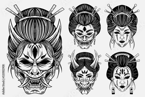Set Bundle Dark Art Horror Japanese Geisha Girl With Devil Mask Face Tattoo Hand Drawn Engraving Style