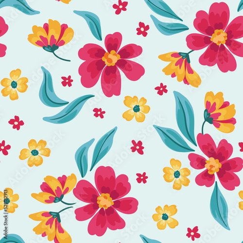 Seamless floral pattern, cute ditsy print with simple rustic flowers. Liberty botanical background with colorful floral arrangement, hand drawn plants, vibrant pink flower buds, leaves. Vector.