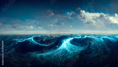 Fantasy seascape with beautiful waves and foam. Foam on the waves of water. Top view of the ocean waves. Dove water background. 3D illustration.