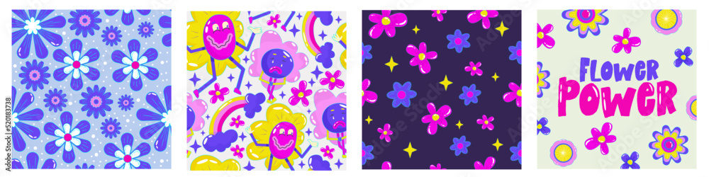 Daisy flower power poster set for print design. Abstract trippy psychedelic pattern. Flower power. Funny vector illustration. Retro 1990 poster for tshirt design Daisy flower power poster set for print design. Abstract trippy psychedelic pattern. Flower power. Funny vector illustration. Retro 1990 poster for tshirt design