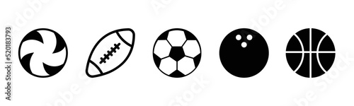 Sport balls black icon set. Football, basketball, volleyball, rugby vector illustration