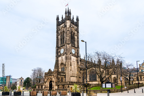Manchester, Lancashire, England, UK - March 2022:The cathedral of Manchester; the Cathedral and Collegiate Church of St Mary, St Denys and St George