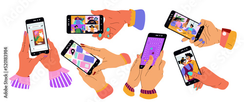 Video on mobile phone in hands. Fingers hold smartphone. Digital device touch screen. Persons play game or watch photo on cellphone. Map and messenger application. Vector illustrations set