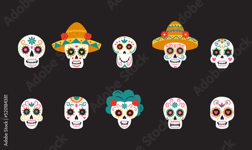 Mexico halloween day. Dia muertos dead skeletons, spooky skull with flowers, mexican death cards, male female heads with traditional sombrero or rose wreath, ethnic vector design set