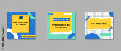 Social media note post template. Layout of paper trick infographic. Minimal education sticky. Useful information. Online support labels. Torn pages with clips. Vector square banners set
