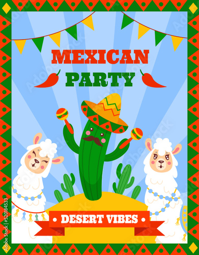 Desert cactus print. Vintage Arizona mountain landscape for retro adventure shirt. Sunset outdoor canyon. Funny llamas. Mexican party. Animal and plant characters. Vector illustration