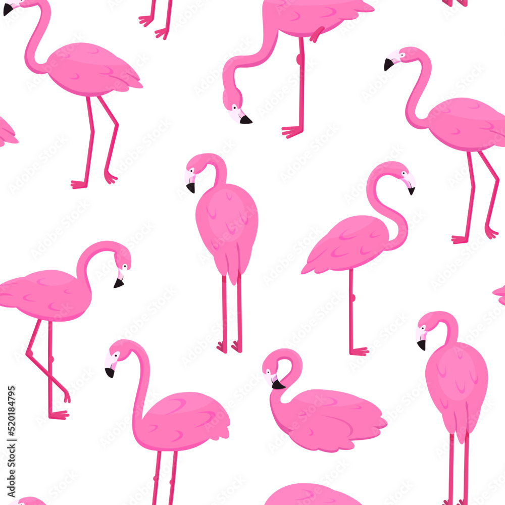 Fototapeta premium Cute flamingo pattern. Spring or summer happy tropical art, pink africa wallpaper or fabric. Fashion hawaii background. Decor textile, wrapping paper or print. Vector seamless texture
