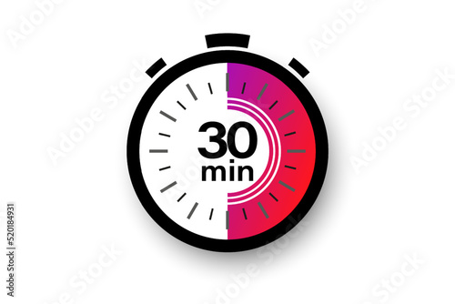 30 minutes timer. Stopwatch symbol in flat style. Editable isolated vector illustration. 