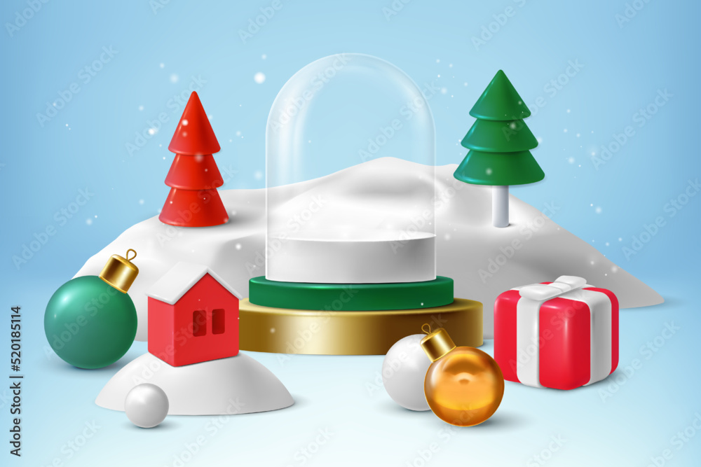 Merry christmas 3d background. Glass new year glass transparent dome, creative podium, winter decoration glossy elements, gift box, tree toys, home with snow. Web banner, vector illustration