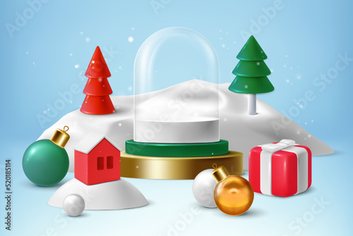 Merry christmas 3d background. Glass new year glass transparent dome, creative podium, winter decoration glossy elements, gift box, tree toys, home with snow. Web banner, vector illustration