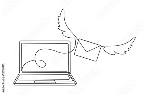 Laptop and Flying envelopes e mail list building illustration continuous one line art illustration. Can used for logo, emblem, slide show and banner. Illustration with quote template. 