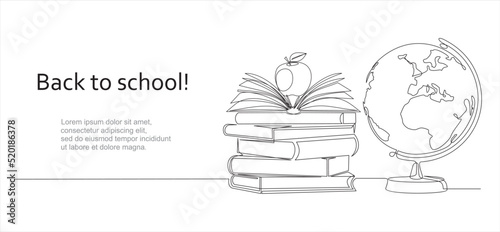 Continuous one line drawing of earth globe, books stack and apple vector design on white background. Back to school. Hand drawn graphic concept for education.