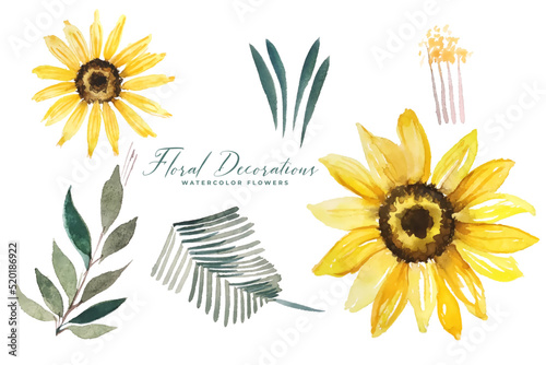 set of watercolor sunflower and leaves decoration