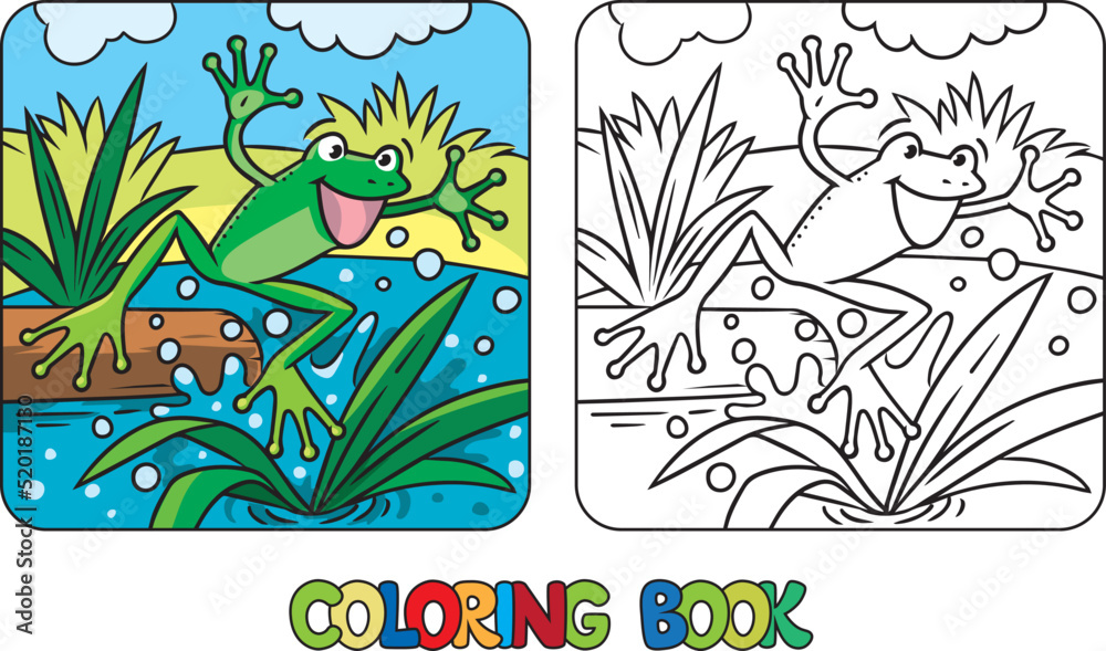 Funny jumping frog. Kids coloring book. Vector