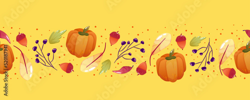 Seamless border autumn fall. Thanksgiving holiday. Vector seamless pattern. Bright autumn design with leaf, acorn and pumpkin © Анжелика Полтавец