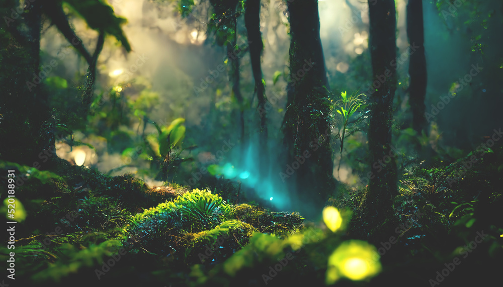 Exotic foggy forest. Jungle panorama, forest oasis. Foggy dark forest. Natural forest landscape. 3D illustration. - obrazy, fototapety, plakaty 