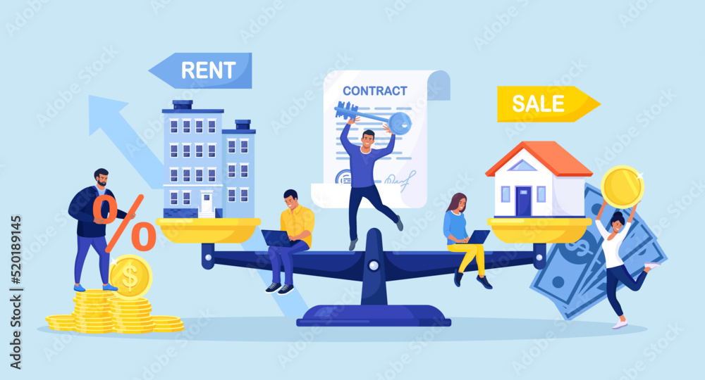 House and apartment on scales. People choosing between rent and sell property. Sale or rent apartment, buying house. Mortgage loan, real estate investment. Choice between selling and tenancy home