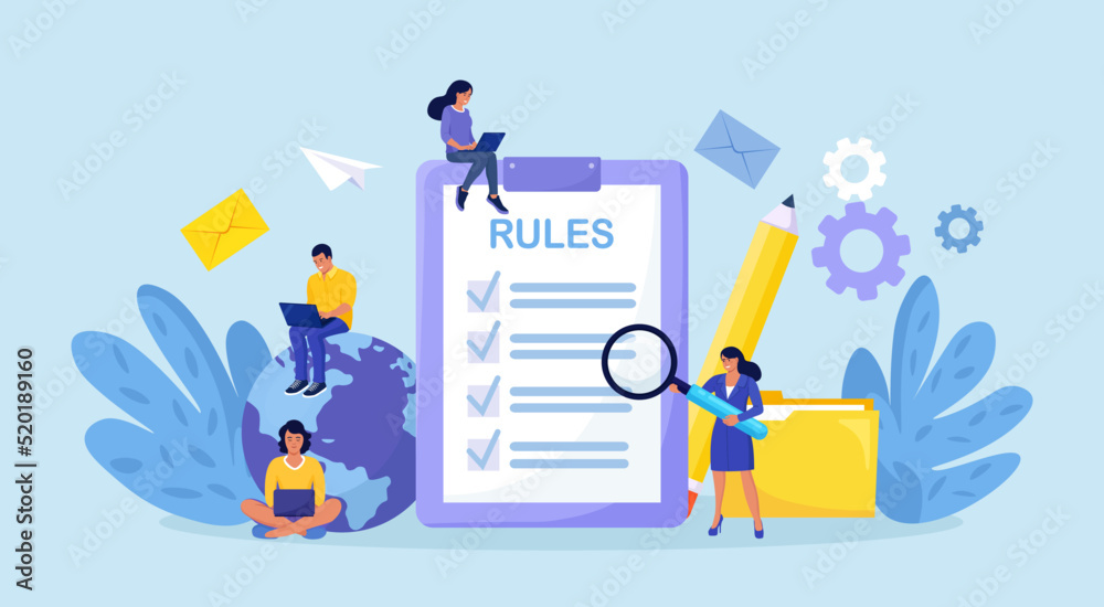 Business people studying list of rules, reading guidance, making checklist. Company order, restrictions. Rules in the document, regulations. Agreements and principles of work in office