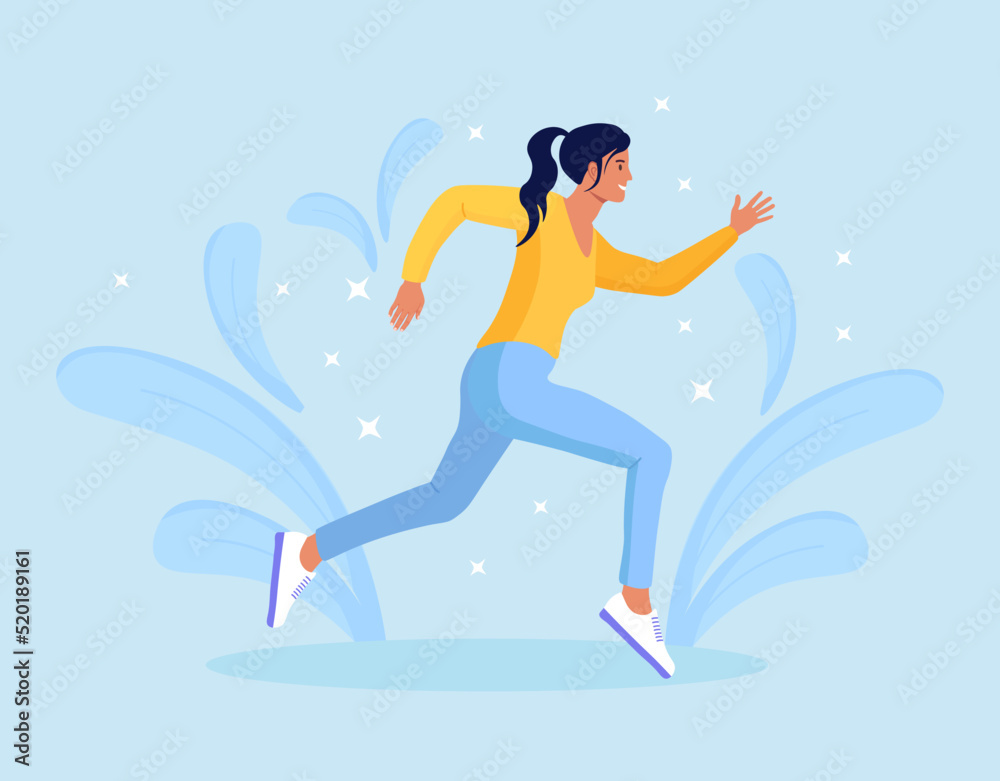 Woman character is jogging. Girl running, doing fitness exercises. Active healthy lifestyle