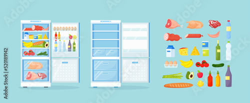Empty and opened refrigerator with different healthy food. Fridge on Kitchen, freezer with meat on shelves
