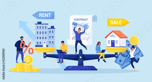 House and apartment on scales. People choosing between rent and sell property. Sale or rent apartment, buying house. Mortgage loan, real estate investment. Choice between selling and tenancy home