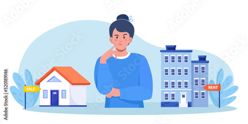 Woman choosing between rent and sell property. Rent apartment, buying house. Mortgage loan, real estate investment. Choice between selling and tenancy home. Home purchase dealing