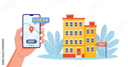 Mobile phone with rent or sell apartments app. Man holds smartphone with real estate agency application. Rent property, buying house. Mortgage loan, investment. Selling, tenancy, purchase dealing home