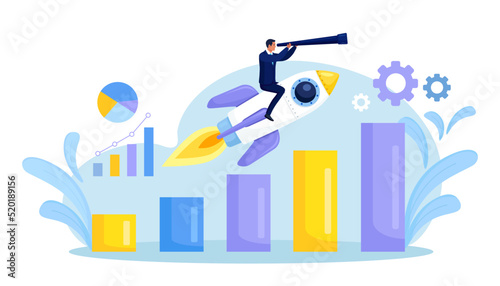 Businessman sitting on Flying Rocket, Spaceship or Spacecraft. Character Looking Through Spyglass. New Business Project Launching, Successful Start Up. Innovation Idea Research